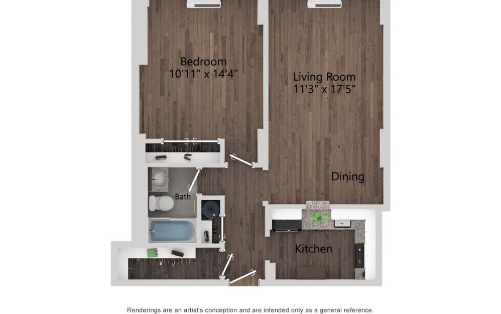 One Bed / One Bath '08 - 1 bedroom floorplan layout with 1 bathroom and 660 square feet (2D)
