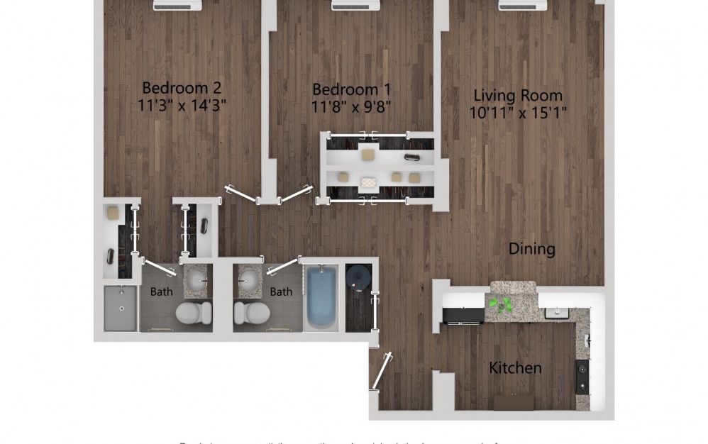 Two Beds / Two Bath '04 - 2 bedroom floorplan layout with 2 baths and 915 square feet. (2D)